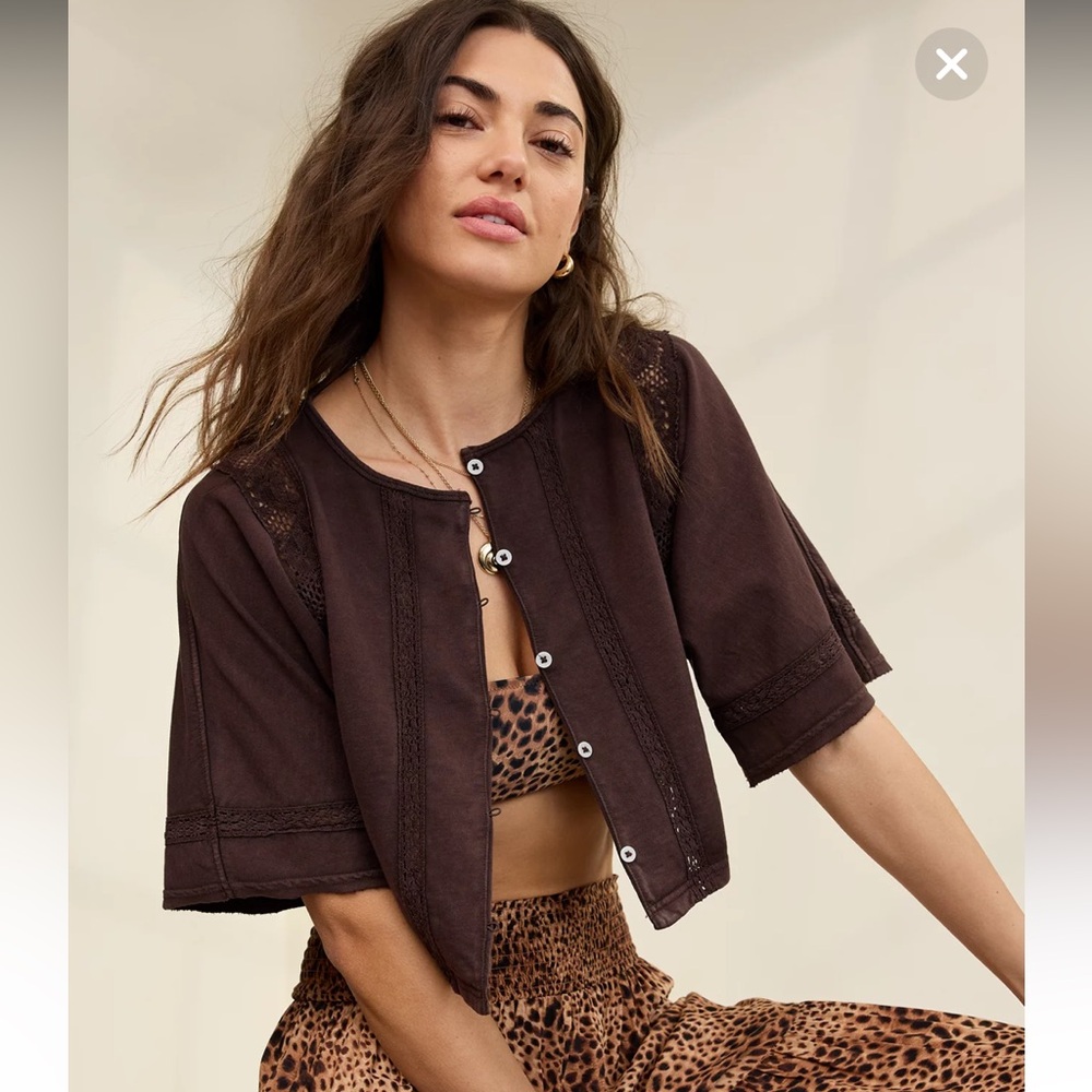 Aerie Short Sleeve Crochet Cardigan